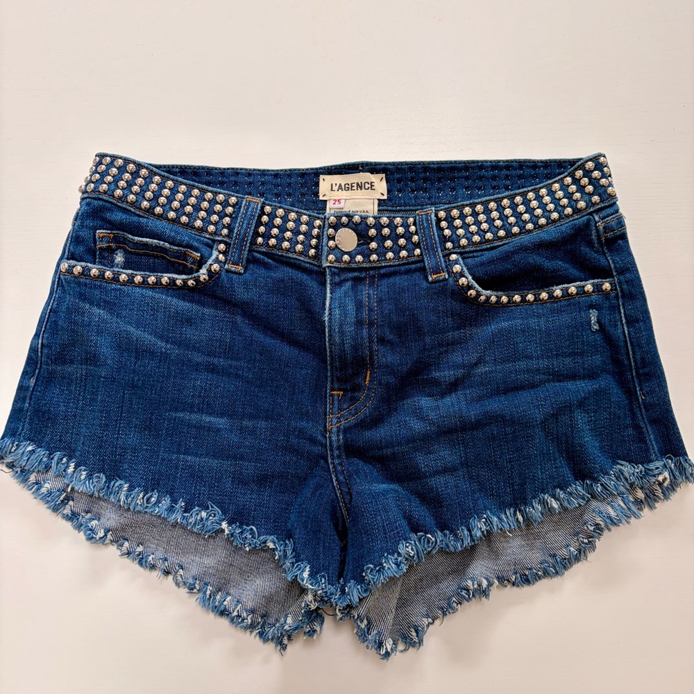L'AGENCE Dark Blue Studded Frayed Denim Shorts